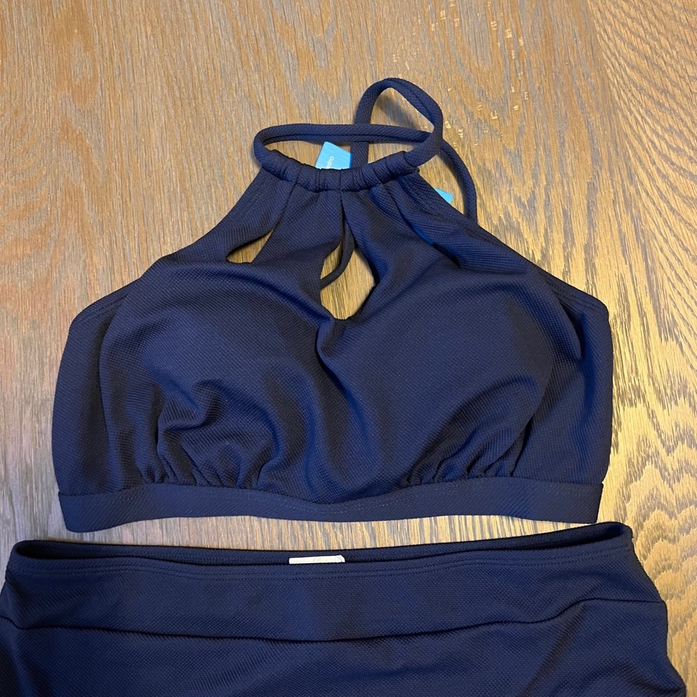 Cupshe Navy Blue High Waisted Halter Neck Keyhole Bikini Swimsuit - Picture 2 of 4